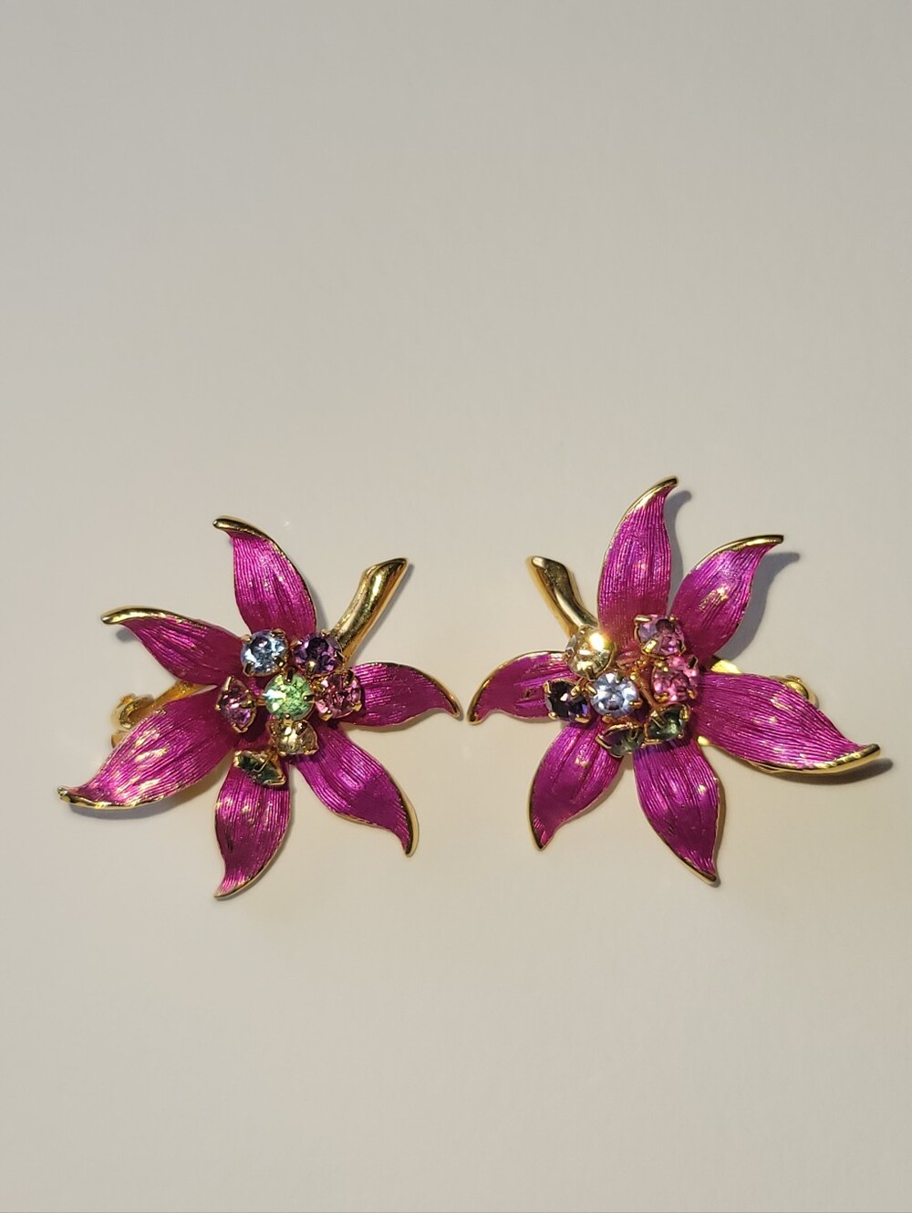 Vintage Park Lane, Pink Enamel & Prong Set Crystal, Gold Clip On Earrings
